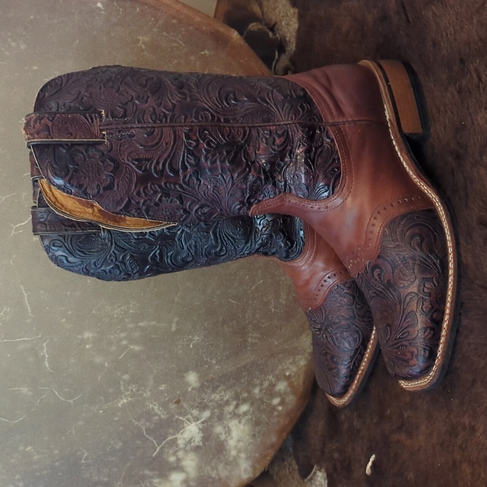 BOULET #2050 hand tooled Ranger Chestnut leather cowboy boots square toe sz 9